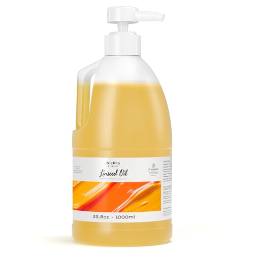 Nicpro Refined Linseed Oil for Painting 33.8oz/1000ml with Pump Oil Painting Medium for Thinning Oil Paints & Glazing Improves Flow Transparency & Gloss Linseed Oil for Wood Finish