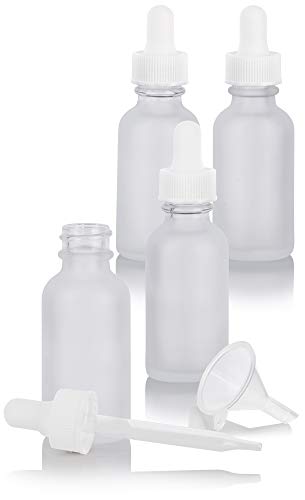 1 oz Frosted Clear Glass Boston Round Bottle with White Dropper (4 pack) + Funnel