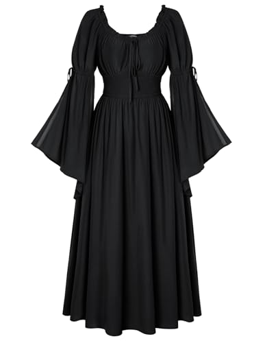 Damen Mittelalter Maidenkleid Viktorianisch Lange Glockenärmel Quadratischer Hals Kostümkleider Schwarz XL