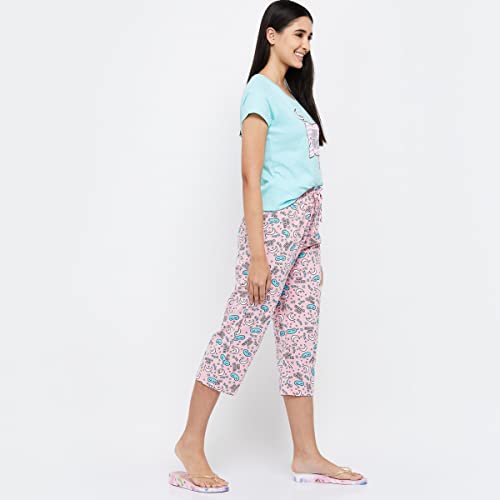 Image of Max Women Nylon Printed Round Neck Capris Set T-Shirt with Capris
