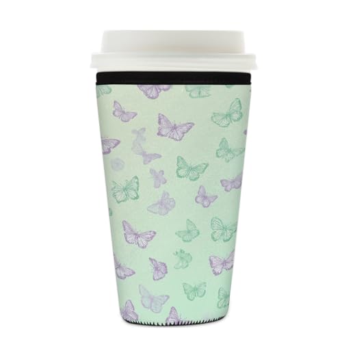Myfsucce Funda de neopreno reutilizable para taza de café helado, con estampado de mariposas esbozadas, 2 mm de grosor, tamaño de 22 a 24 onzas