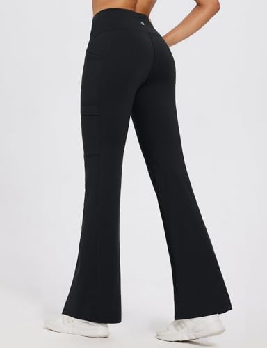 baleaf Thermo Hose Damen Thermo Leggings mit Taschen Wanderhose Wasserabweisend Bootcut Leggings Schlaghose Warm Winterhose 31 inch Schwarz L
