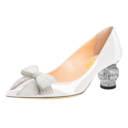 FSJ Women Pointed Toe Crystal Pump Rhinestone Bow Block Low Heel Slip On Comfy Date Party Shoes Size 4-16 US
