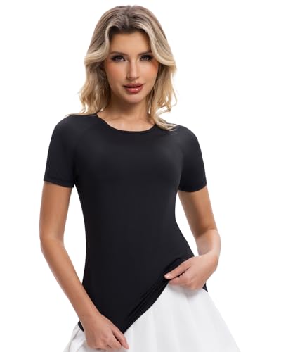 Homord Maglietta Sportiva Donna T-Shirt Fitness Traspirante Morbida Maglia Manica Corta per Palestra Yoga Corsa Running Allenamento (L, Nero - Maniche Corte)