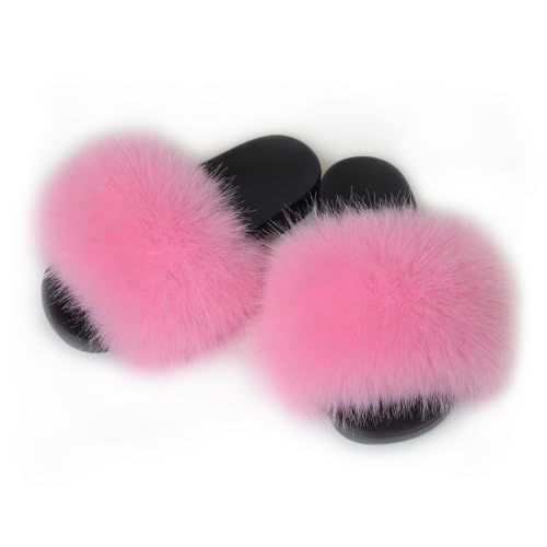 Image of Women's Faux Fur Slides Slippers Fluffy Fuzzy Sandals Open Toe Furry Slide Flip Flop Indoor Outdoor