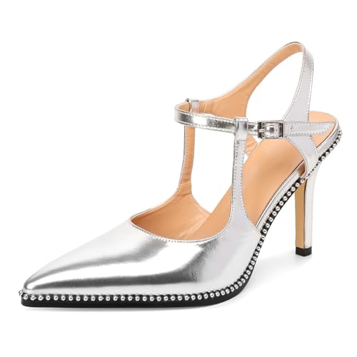 Image of SAMMITOP Womens High Heels Ankle Strap Pointed Toe Stilettos Patent Leather Beaded Pumps Dress Shoes 3.5 Inch