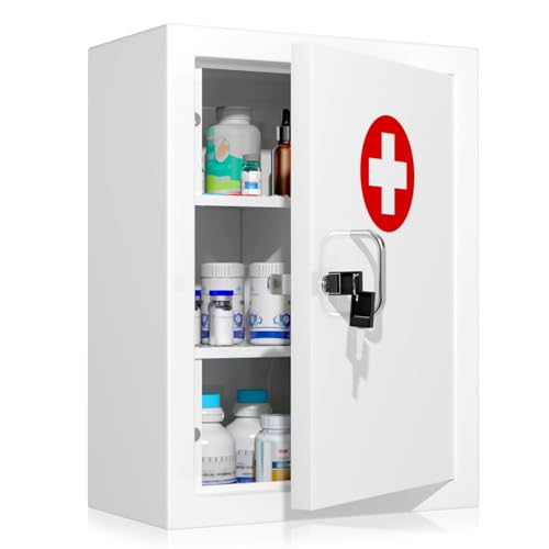 Wensha Locking Medicine Cabinet Wall-Mount: Storage Cabinet with Lock & Key - White Metal First Aid Kits for Childproofing and Family Safety