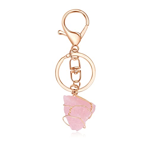 Manifo Natural Rose Quartz Raw Crystal Keyring Healing Crystals Rough Raw Stones Wire Wrapped Gemstone Keychain Charm #TOP6