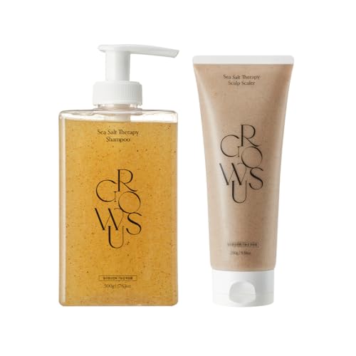 GROWUS Sea Salt Therapy Scalp Care Duo – Clarifying Shampoo with Sea Salt for Removing Buildup, Oil & Impurities + Exfoliating Scalp Scaler (250g) with Salicylic Acid - Korean Hair Routine Set