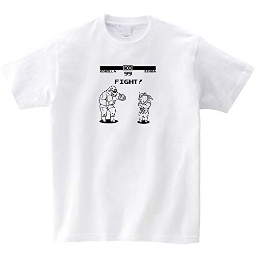 [S-XL] 格ゲー風ゴリラと柴犬のプリントＴシャツ (XL, 白)