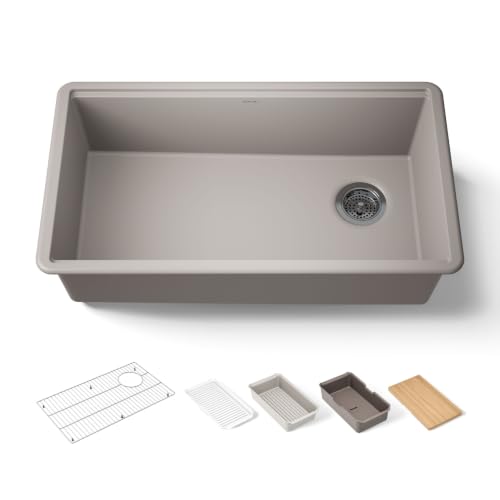 KOHLER Billings 32-1/2 Undermount Kitchen Sink Single-Bowl Workstation with Kitchen Sink Accessories Neoroc K-33710-PC-CM3 Matte Taupe