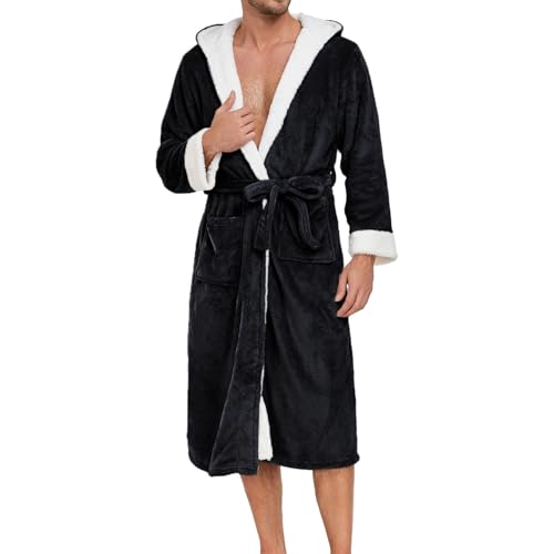 Mens Robe with Hood Plush Soft Bathrobe Fleece Hooded Robes Cozy Spa Bath Robe with Pockets Loungewear Sleepwear