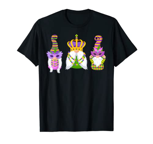 Tres gnomos Mardi Gras Peace Love divertido Carnaval de Mardi Gras Camiseta