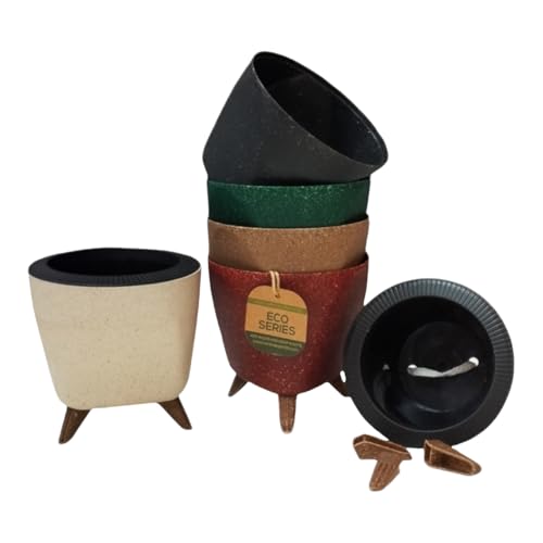 Image of Harshdeep Self Watering Pot - Lagos Eco - Indoor Home Living Room Office Tabletop Decorative Earth Friendly Planter, Made of Bamboo, Rice Husk, 5 Inch Set of 5 (Multicolor)