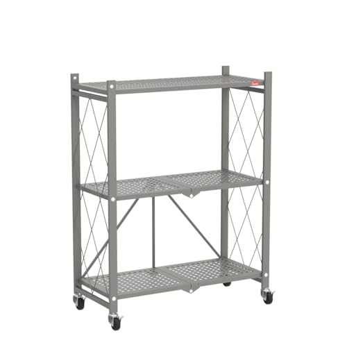Image of DEANIC 3 Tier Foldable Storage Shelves with Wheels, Kitchen Appliance Stand, Freestanding Metal Wire Shelf Rack, No Assembly Organizer Rolling Cart for Garage, Basement, Pantry(Grey)