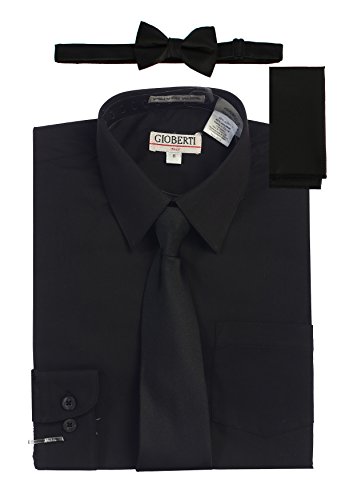 Image of Gioberti Boy's Long Sleeve Dress Shirt + Solid Tie, Bow Tie, and Hanky