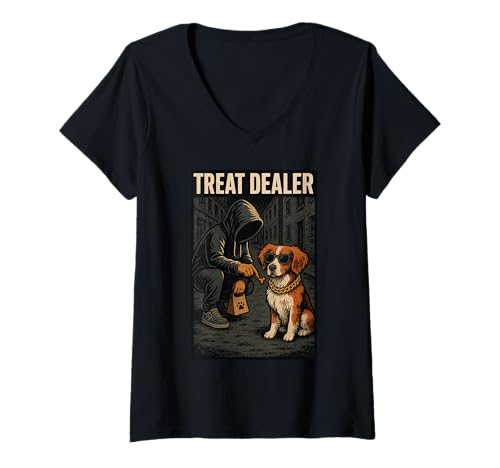 Mujer Brittany Spaniel Treat Dealer Parodia Humor Amante de los perros Camiseta Cuello V