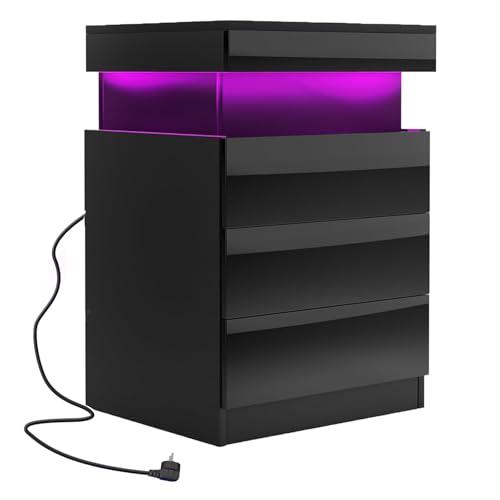 HaodaCulture Table de Chevet, Table de Nuit LED à 3 tiroirs, 2 Prises CA, 2 Ports USB, 16 lumières LED RVB, Coulissantes Cachées, façade du tiroir Haute...