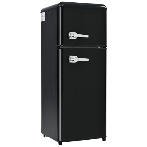 Nevera retro de dos puertas, capacidad total de 92 litros, congelador de 28 L, clase energética D, 116 kWh/año, rango de refrigeración de -27 °C a 13 °C, color negro