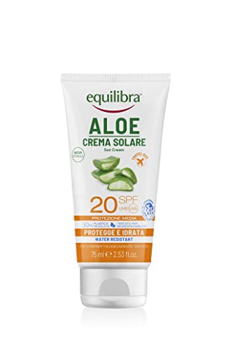 equilibra Solari, Aloe Crema Solare SPF 20 Travel Size, a Base di Aloe Vera, Vitamina C ed E, Olio di Argan, Olio di Cocco e Burro di Karité, Per un'Abbronzatura Sana e Naturale, Water Resistant, 75ml