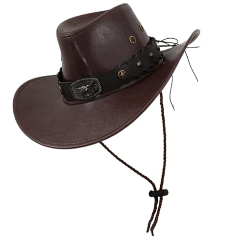 Vdaxvme Cilindro occidental de PU para adultos con cinturón de remaches, vaqueras, ala ancha, accesorio de disfraz occidental para disfraces de Halloween, marrón y rojo, Talla única