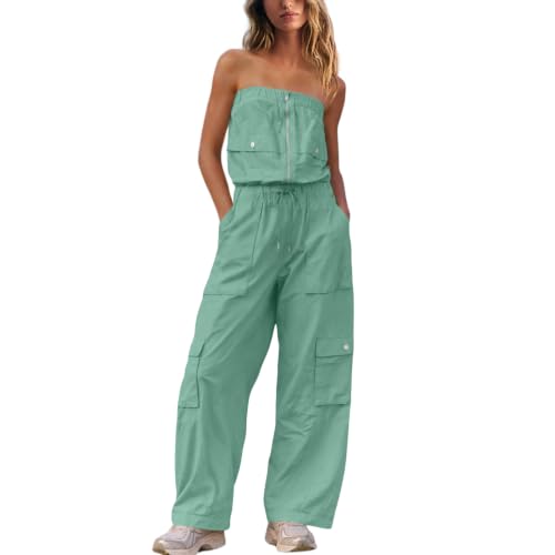 TURVAND Womens Casual Strapless Jumpsuits Off the Shoulder Rompers Wide Leg Cargo Pants Overalls Loose Fit One Piece Outfits