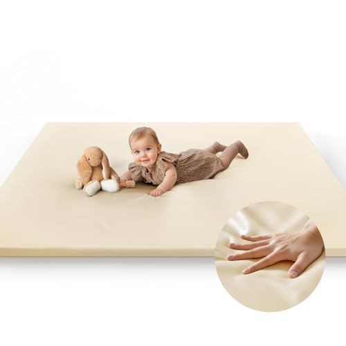 Image of Mallify Baby Mat for Floor, Thick Soft Non-Toxic Vegan Leather Baby Play Mat, Waterproof Foam Play Mat, Padded Play Mat for Baby, 48x48 Playpen Mat, Infant Playmat for Baby Girls and Boys, Beige