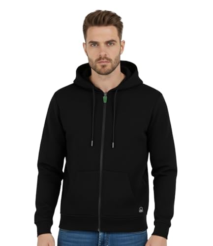 Image of United Colors of Benetton Cotton Hoodies for Men | Pullover | Winter Wear | Zipper Hoodie | Hooded Sweatshirt | Full-Zip with Kangaroo Pockets | Mens Jackets
