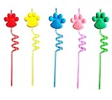 25pcs Reusable Paw Print Drinking Straws Reusable for Pet Dog Puppy Pals Cat Birthday Decorations Favors Party Supplies (5 colors 25pcs)