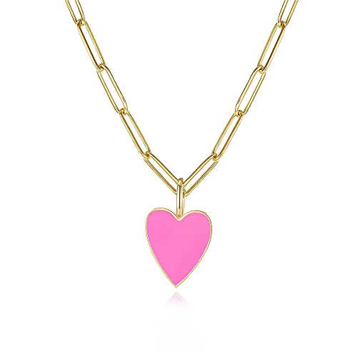 Meeran Heart Necklace for Women Girls,Preppy Jewelry Dainty Paperclip Chain Necklace for Women,Cute Pink Heart Preppy Necklaces 16+2 Inches