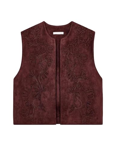 hathne Embroidered Faux Suede Vest for Women Floral Embroidered Vest Sleeveless Open Front Vintage Vests