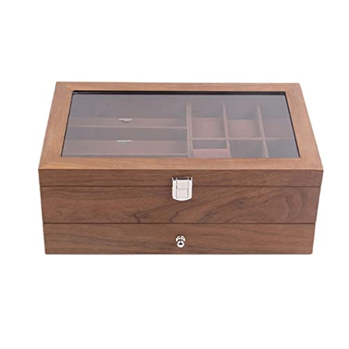 Boîte de rangement en bois rétro à double couche avec serrure en verre pour montres et bijoux