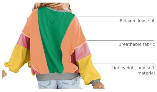 Image of KevaMolly Womens Long Sleeve Tops Colorblock Patchwork Exposed Stitching Oversize Top Round Neck Casual Pullover