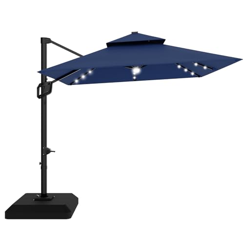 Garvee 10 ft Solar Lights Cantilever Patio Umbrella with Base Included, 360° Rotation Offset Umbrella, Easy Crank & Tilt Adjustment, UV Protection for Backyard, Poolside, Deck -Navy Blue