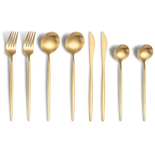 Image of aDai Aurum Gold Silverware Set | Satin Finish 8-Piece Stainless Steel Flatware Set | Dishwasher Safe Cutlery for Home, Restaurant & Gifting