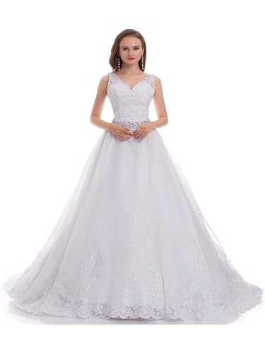Women's Lace Appliques Wedding Dress for Bride 2024 V-Neck A-Line Bridal Ball Gowns Ivory 2