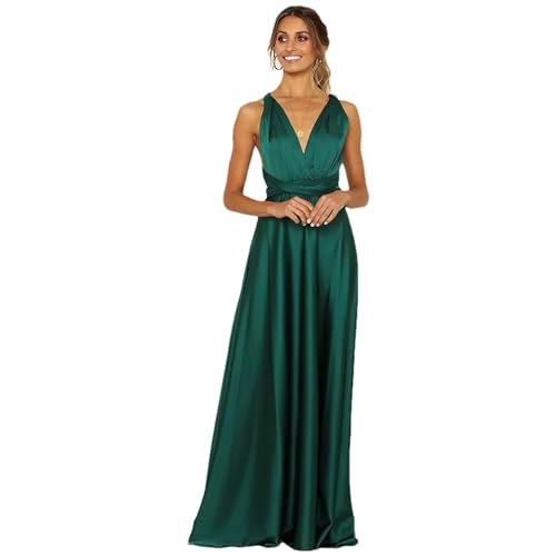 Jamron Femme Elégant Col en V Profond Robe Satin de Soirée Multi Way Robe Portefeuille Robe de Bal Maxi Longue Vert SN0703227 L