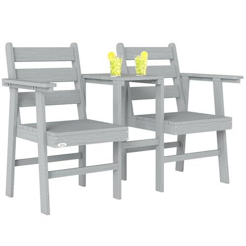 Outsunny Garden Loveseat 2 Seater Jack and Jill Garden Seat with Built-in Table Embossed Wooden Love Seat Garden Furniture Companion Seat for Patio Porch Balcony Grey