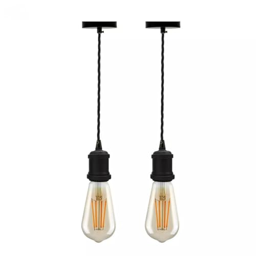 Black Industrial Pendant Light – E27 Holder with 2m Twisted Fabric Cable & Ceiling Rose, Retro Hanging Ceiling Lamp for Kitchen, Bar, Dining – 2-Pack