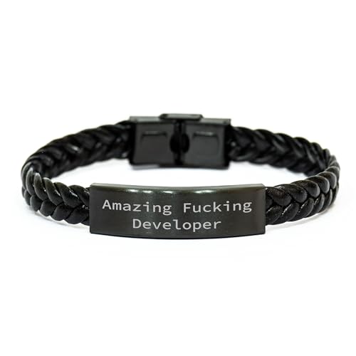 Developer Wristwear, Amazing F-king Developer Quote, Birthday Unique Gift for Men, Interlaced Leather Strap Accessory, Durable Stainless Steel Engraving (150-200 characters in total)