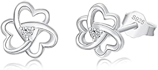 Clover Stud Earrings 925 Sterling Silver Three Leaf Clover Ear Studs Hypoallergenic Earring Cubic Zirconia Small Stud Earrings for Women Girls 8 mm