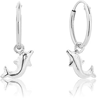 DTPSilver - 925 Sterling Silver Small Hoops Earrings and Dangling Dolphin