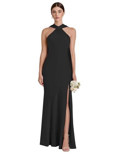 ForElise Satin Bridesmaid Dresses with Scarf Halter Bias Cut Elegant Prom Dress with Slit