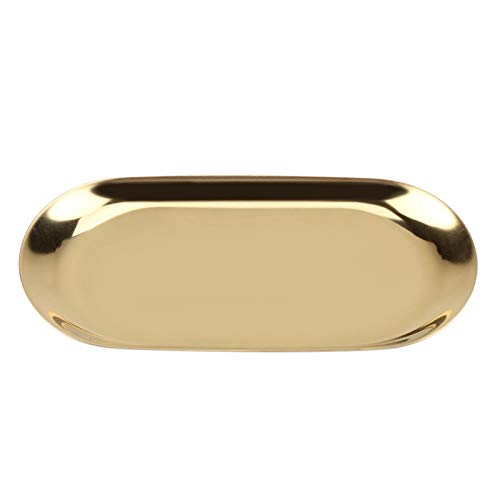 Bandeja Decorativa de Acero Inoxidable para Joyas y Cosméticos - 7 Pulgadas, Ovalada, Dorada - Almacenamiento para Baratijas en Cocina, Baño (S-Oro)