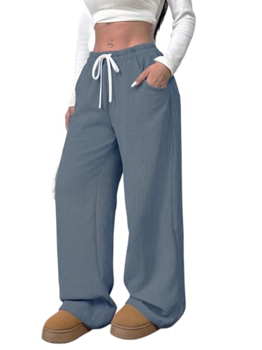 Image of Women's Trendy Korean Trouser with Pockets, Casual Corduroy Stretchable Baggy Loose || High Rise Elastic Waist Going Out Lounge Pants || Wide Leg Pants for Woman