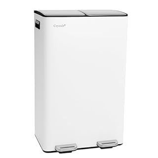 Crystals 60L Dual Compartment Recycling Pedal Bin – Stainless Steel 2-in-1 Kitchen Rubbish & Recycling Bin with Soft Close Lids, Removable Buckets & Hands-Free Foot Pedal – Non-Slip Base (White)