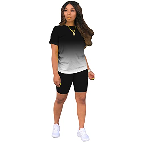 Topsrani Womens Two Piece Outfits Bodycon Tracksuit Sweatsuits Print Jogger Biker Workout Lounge Pajamas Shorts Pant Set Gradient Black White Xl #TOP2