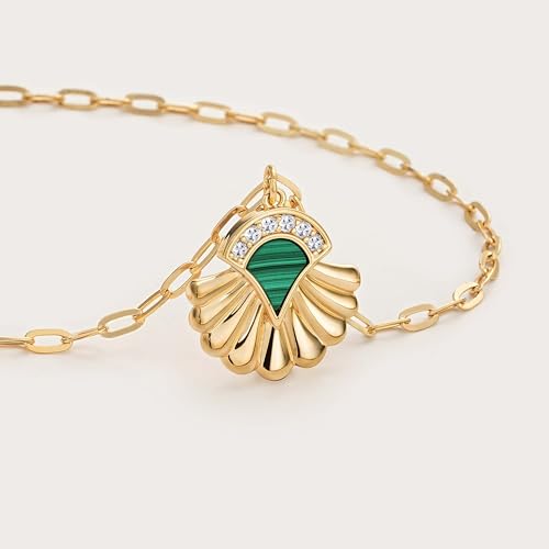 Fettero Necklaces for Women Trendy 14K Gold Plated Charm Necklace Green Malachite Heart Coin Butterfly Cross Clover Pendant Dainty Gold Necklace for Women Jewelry