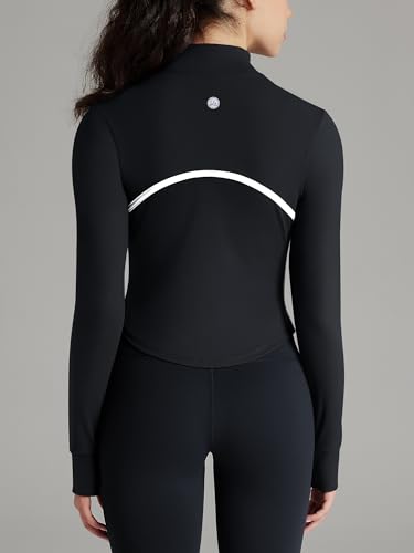 Women Workout Jacket Cropped Contrast Seam Zip Up Athletic Jacket Yoga Sportswear with Thumb Holes3