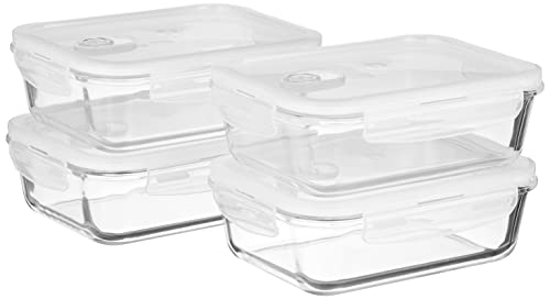 Amazon Brand - Solimo Set of 4 Borosilicate Glass Containers | Air-Vent Lids| For Kitchen/Tiffin | Rectangle| 1,000 ml Each| Transparent